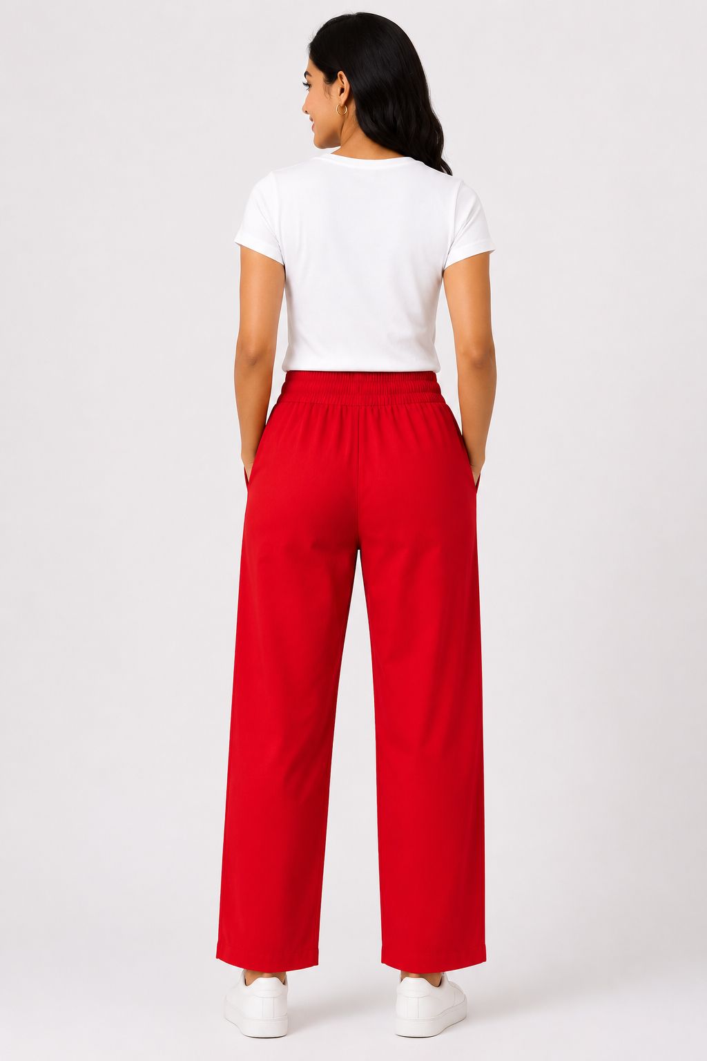 Red Solid Wide-Leg Palazzo with Pockets
