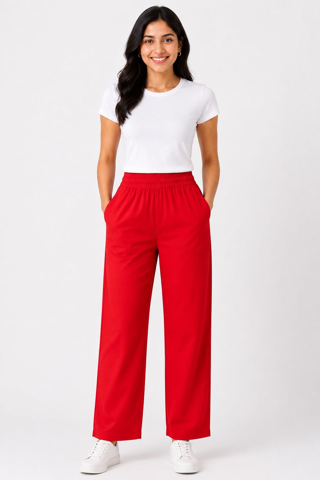 Red Solid Wide-Leg Palazzo with Pockets