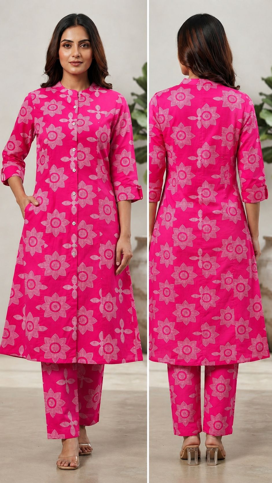Women's Premium Rani Pink Cotton Floral Print 2-Piece KurtiSet with Chinese Collar, Front Open Buttons, A-Line Princess Cut Top & Straight Pant