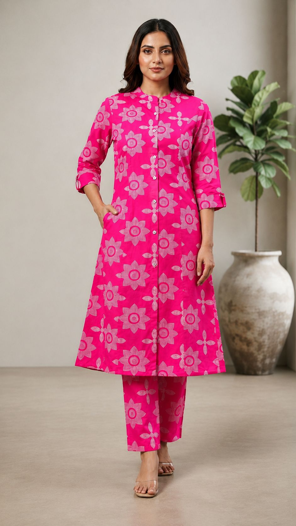 Women's Premium Rani Pink Cotton Floral Print 2-Piece KurtiSet with Chinese Collar, Front Open Buttons, A-Line Princess Cut Top & Straight Pant