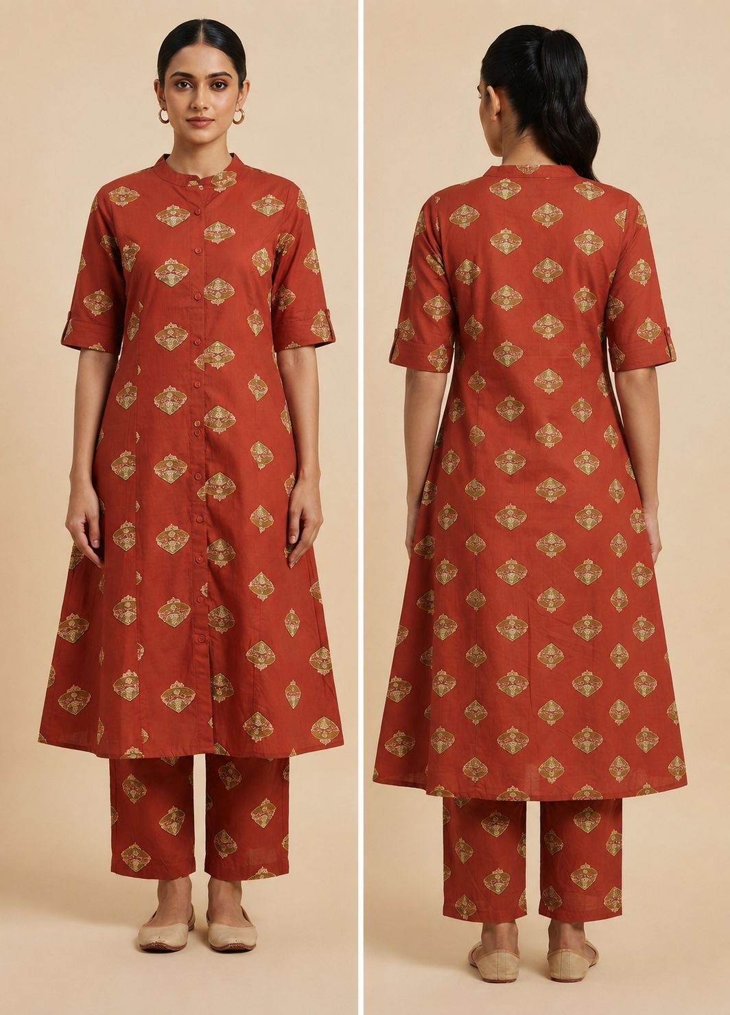 Women's Premium Maroon Red Cotton Printed 2-Piece KurtiSet with Chinese Collar, Front Open Buttons, A-Line Princess Cut Top & Straight Pant
