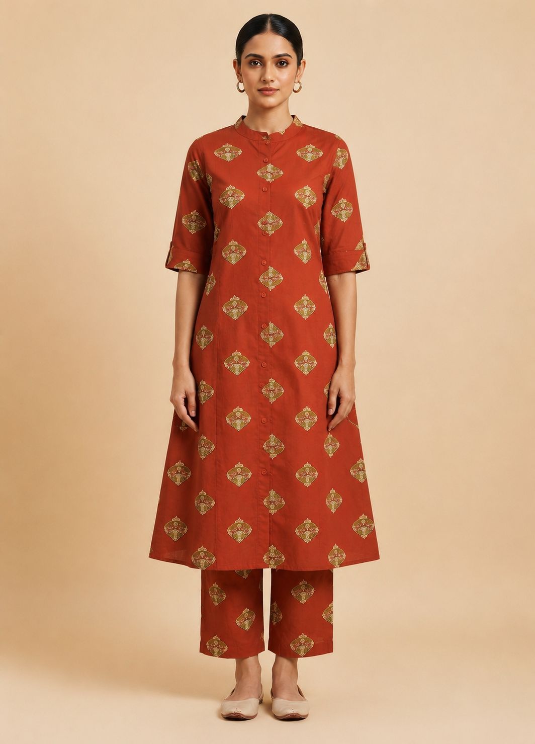 Women's Premium Maroon Red Cotton Printed 2-Piece KurtiSet with Chinese Collar, Front Open Buttons, A-Line Princess Cut Top & Straight Pant