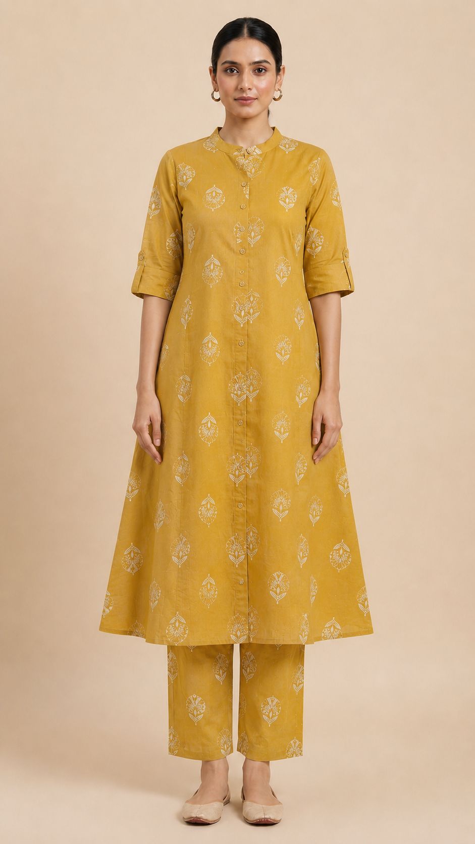 Women's Premium Mustard Yellow Cotton Floral Print 2-Piece KurtiSet with Chinese Collar, Front Open Buttons, A-Line Princess Cut Top & Straight Pant