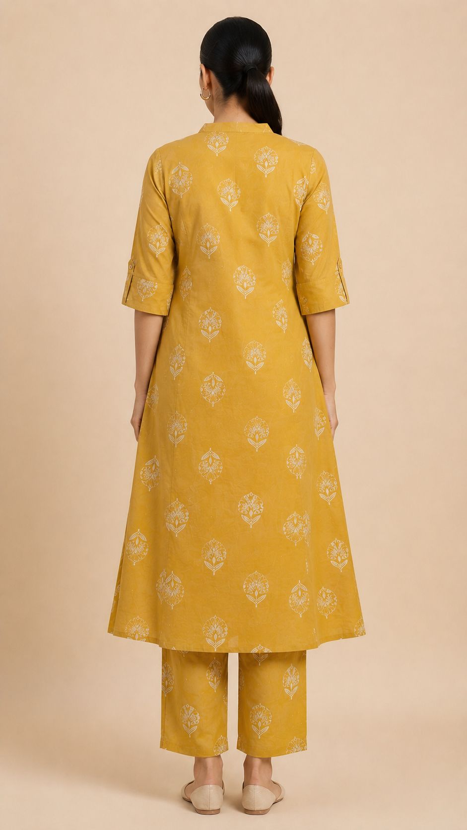 Women's Premium Mustard Yellow Cotton Floral Print 2-Piece KurtiSet with Chinese Collar, Front Open Buttons, A-Line Princess Cut Top & Straight Pant