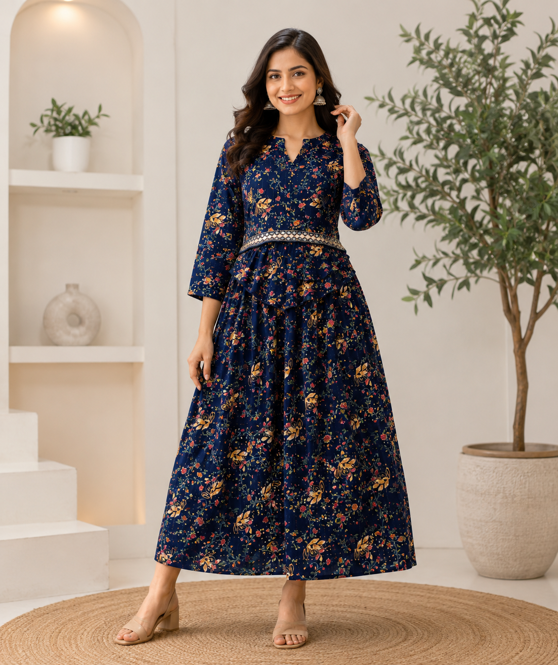 Elegant navy blue Floral Print Single Piece Kurti with Waist Tie