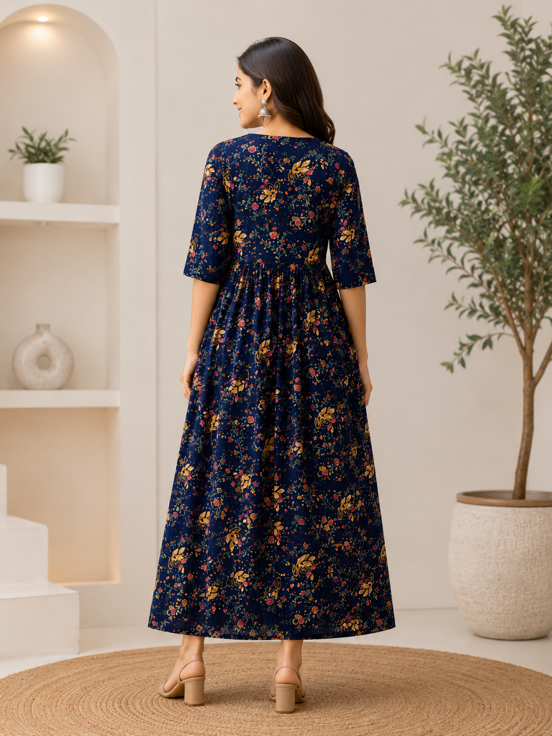 Elegant navy blue Floral Print Single Piece Kurti with Waist Tie