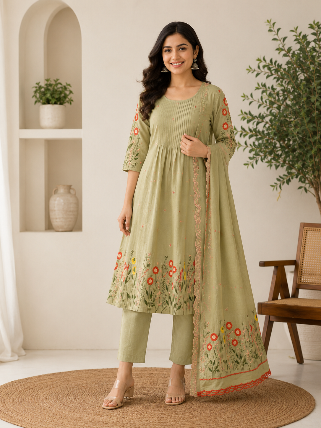 Elegant Light Grey Silk Embroidered 3-Piece Kurti Set