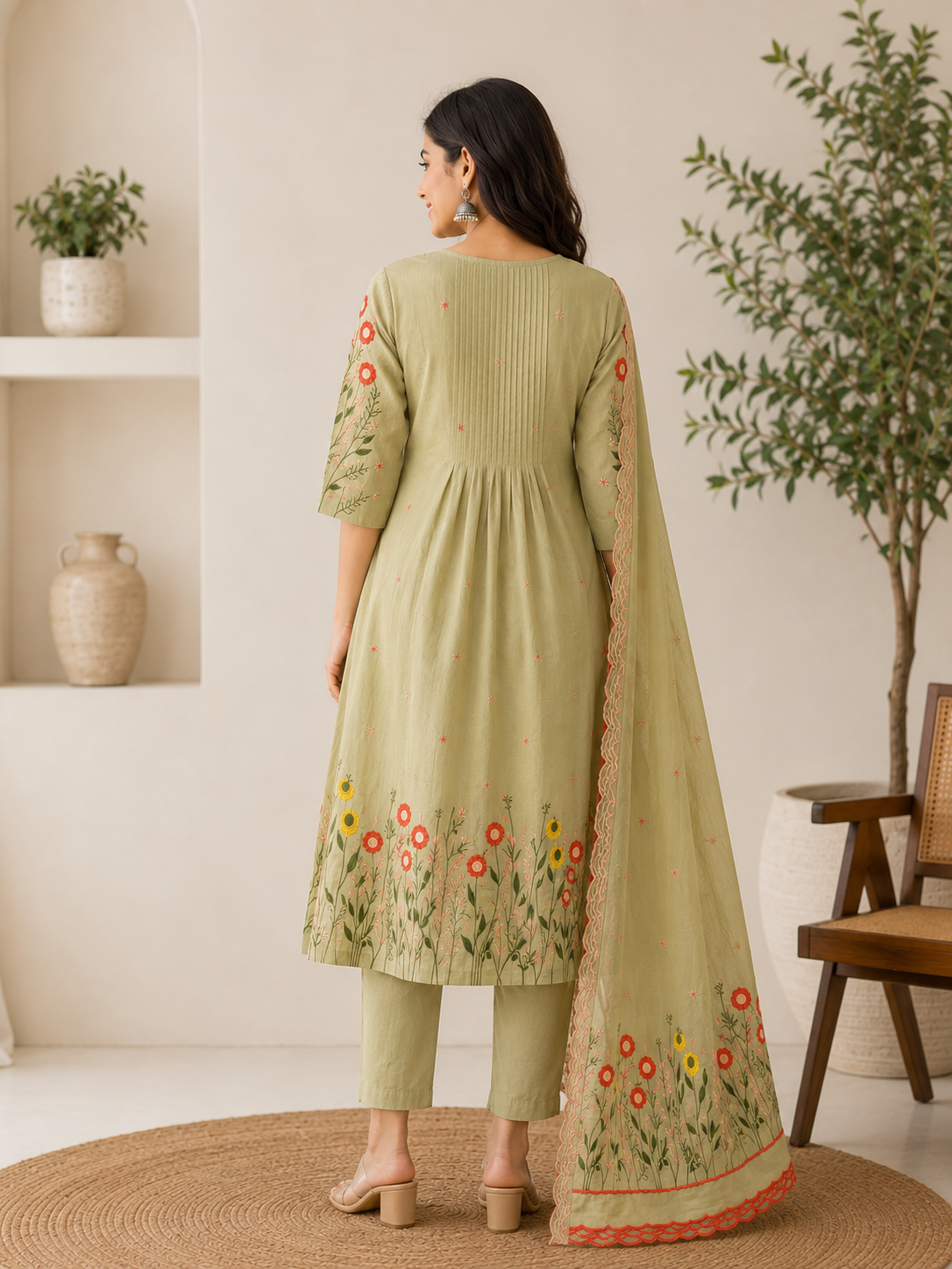 Elegant Light Grey Silk Embroidered 3-Piece Kurti Set