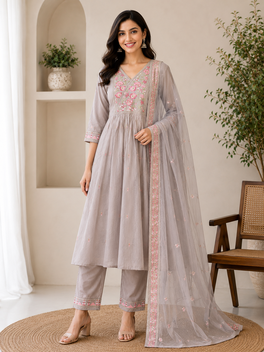 Elegant Taupe Embroidered Mull chanderi 3-Piece Kurti Set