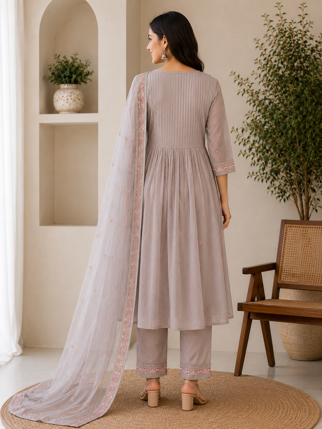 Elegant Taupe Embroidered Mull chanderi 3-Piece Kurti Set