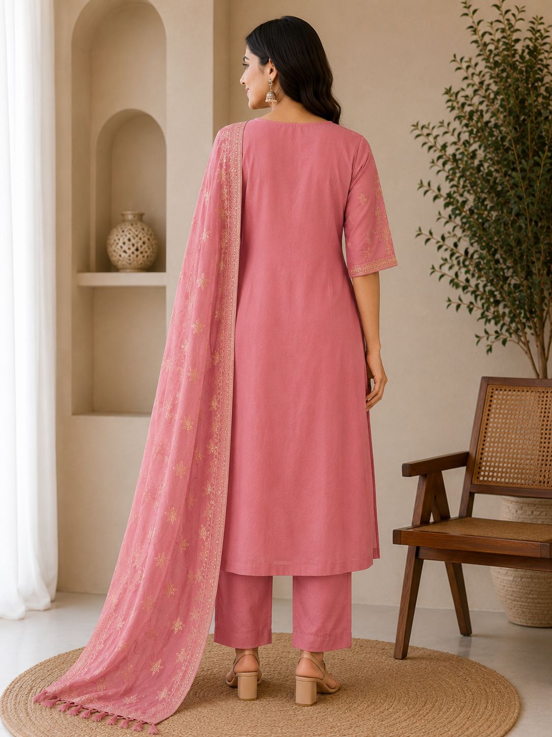 Elegant Rose Pink Mull Chanderi Embroidered 3-Piece Kurti Set