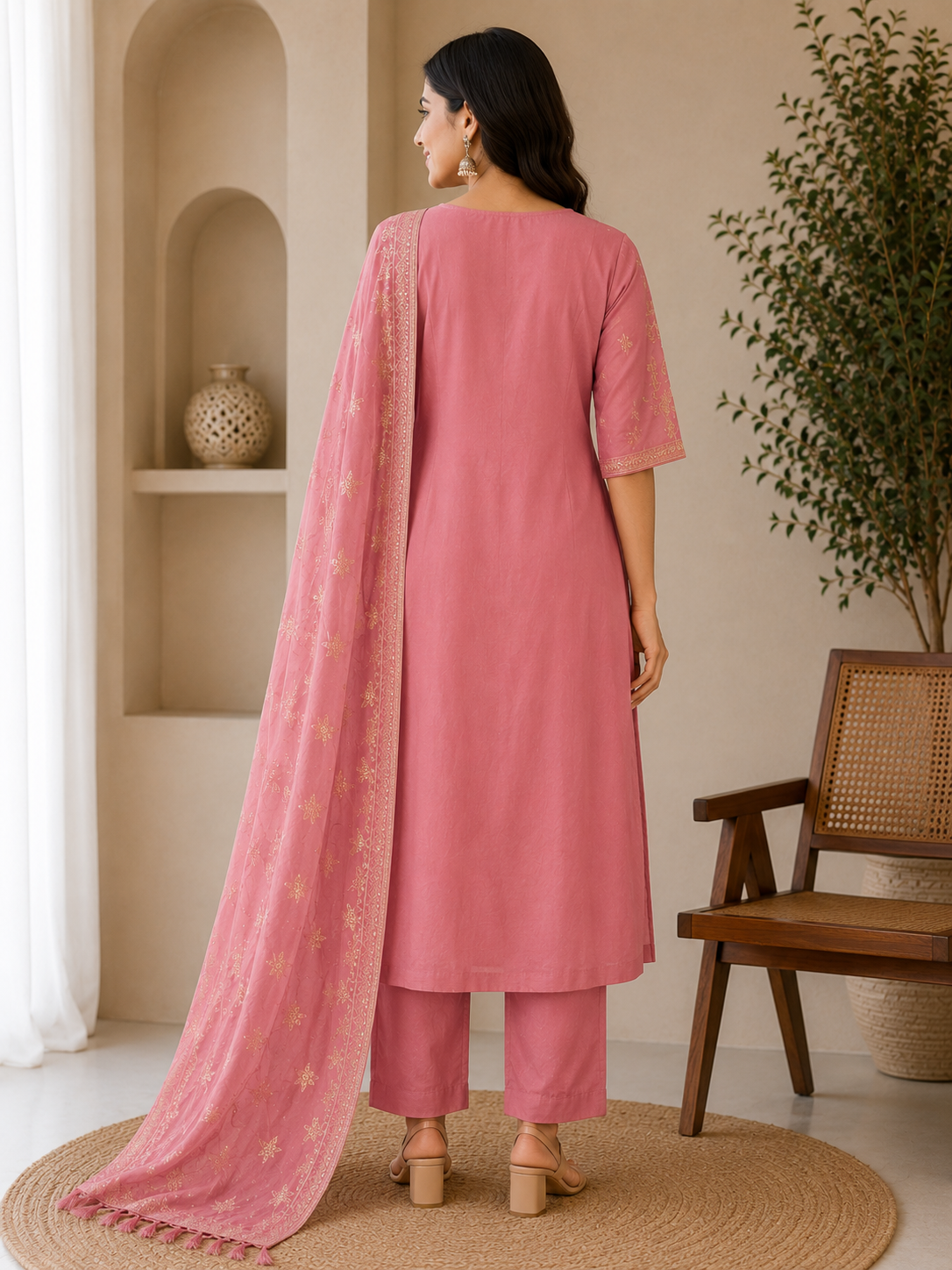 Elegant Rose Pink Mull Chanderi Embroidered 3-Piece Kurti Set