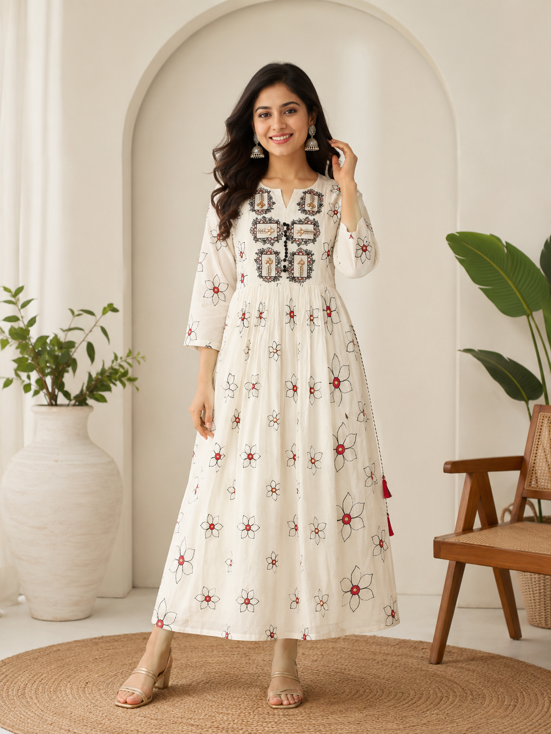 Elegant Off-White Mull Cotton Embroidered Single Piece Kurti