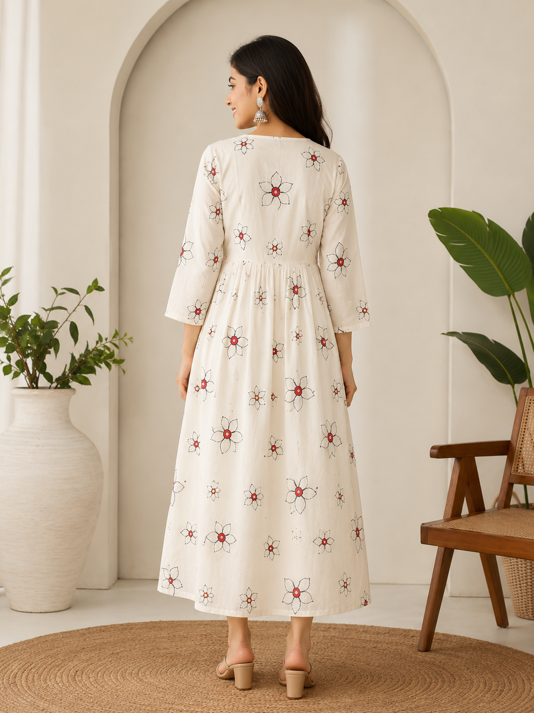 Elegant Off-White Mull Cotton Embroidered Single Piece Kurti