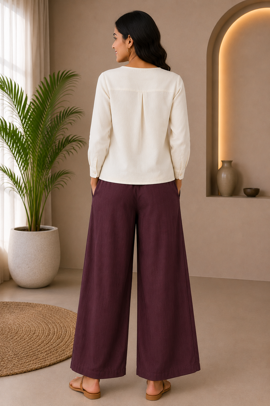 Purple Solid Wide-Leg Palazzo with Pockets