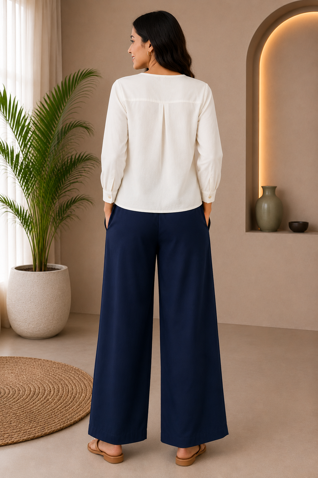Navy Blue Solid Wide-Leg Palazzo with Pockets