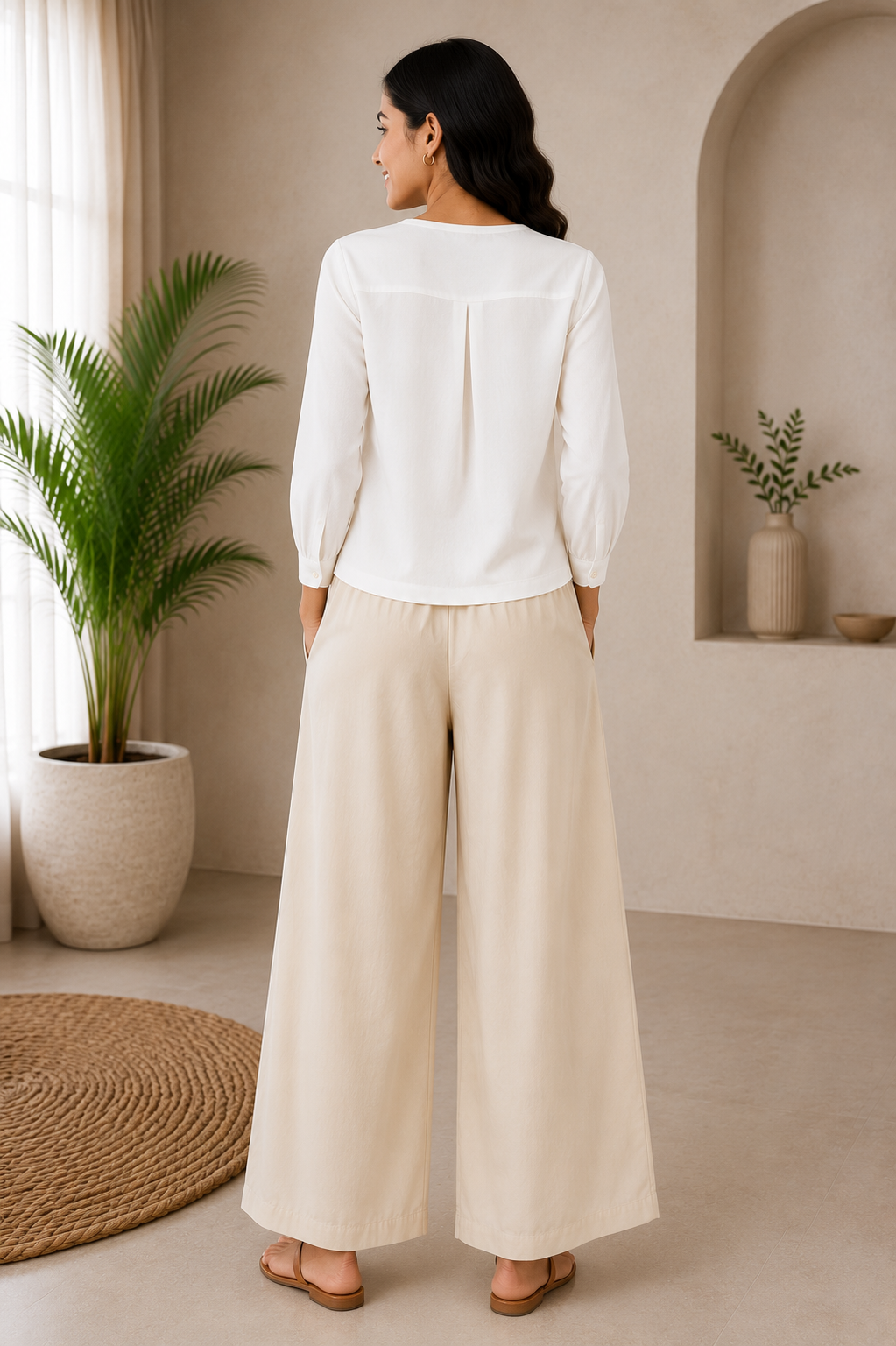 Cream Solid Wide-Leg Palazzo with Pockets