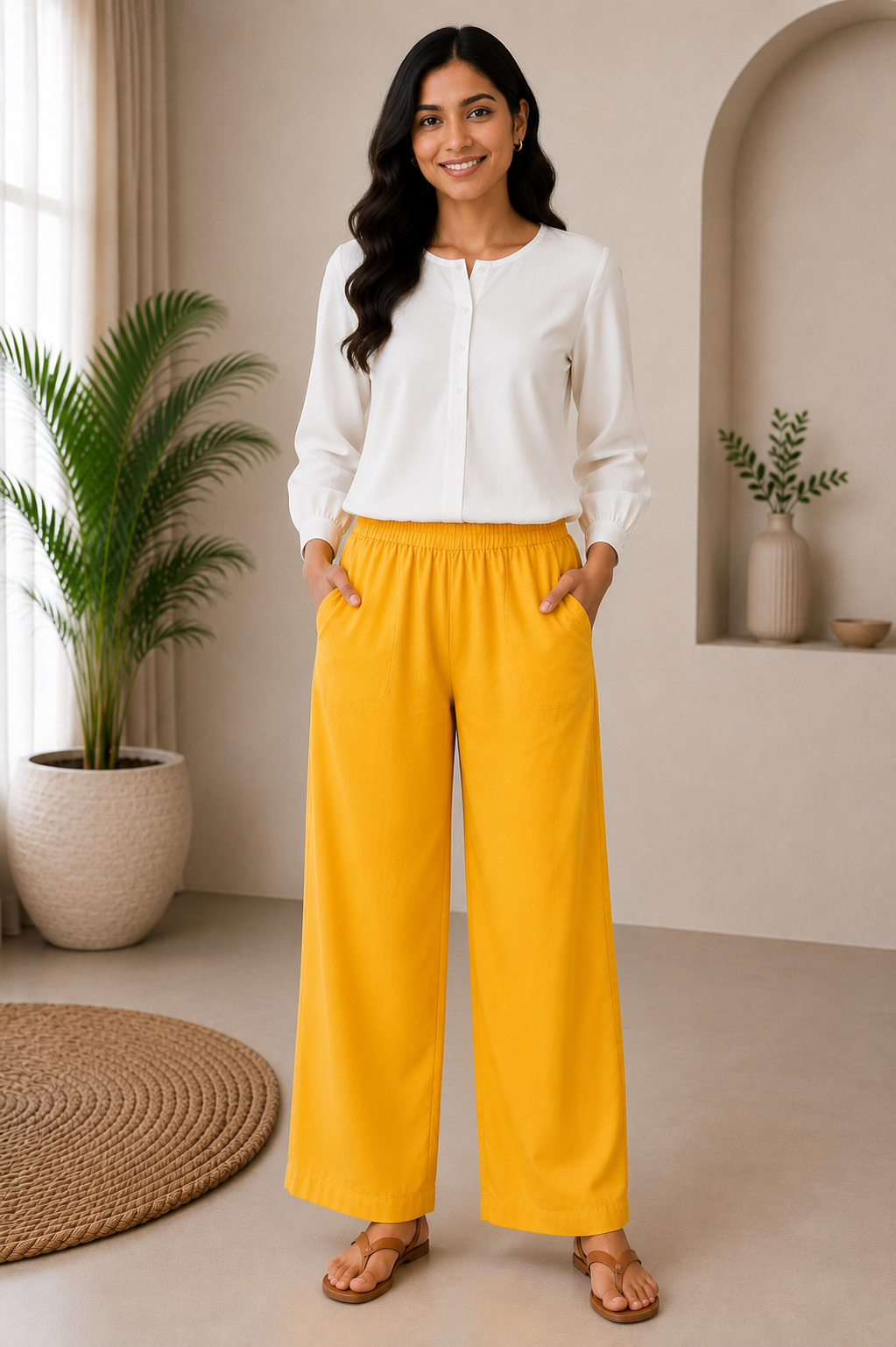 Yellow Solid Wide-Leg Palazzo with Pockets
