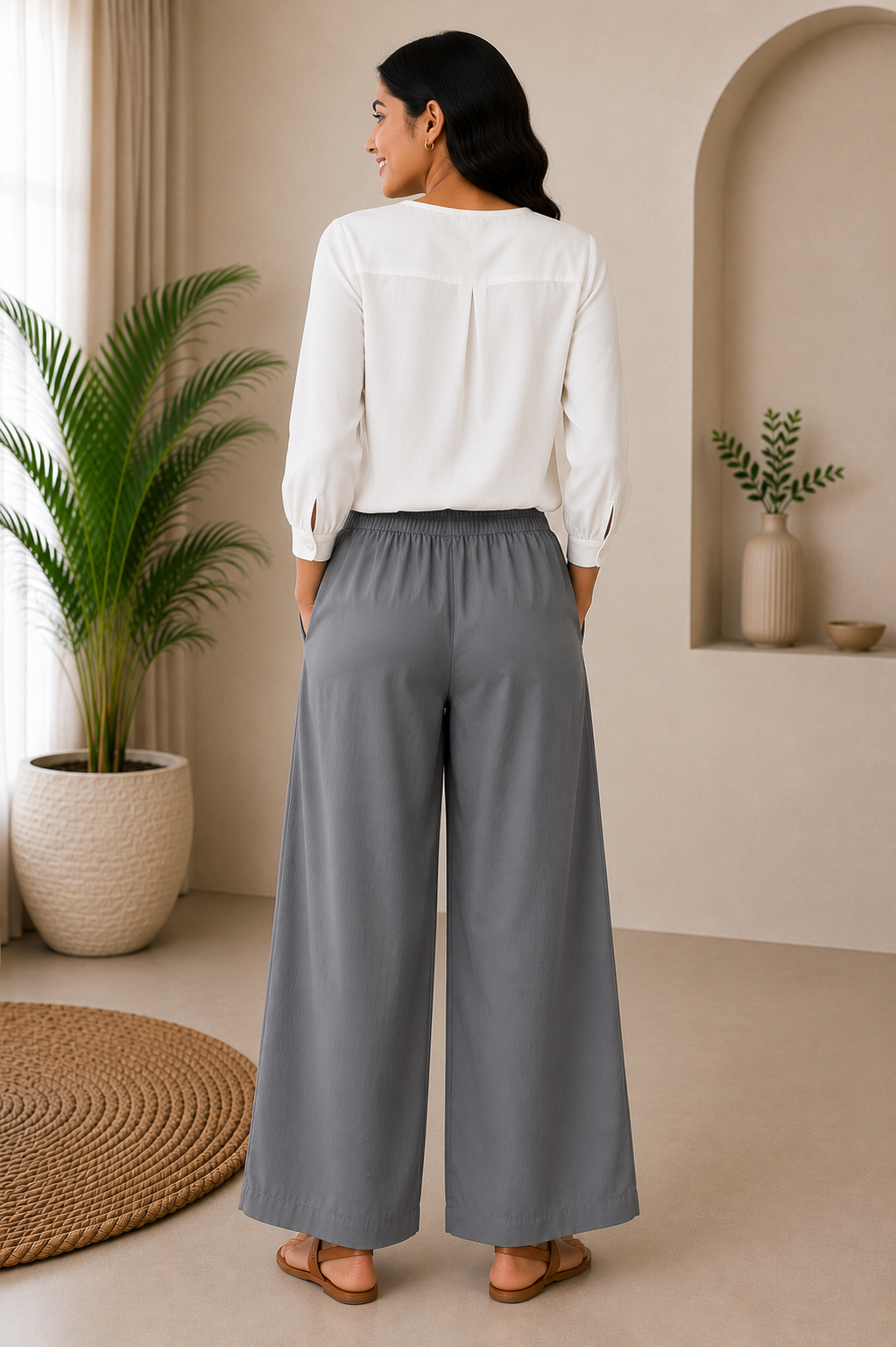 Grey Solid Wide-Leg Palazzo with Pockets