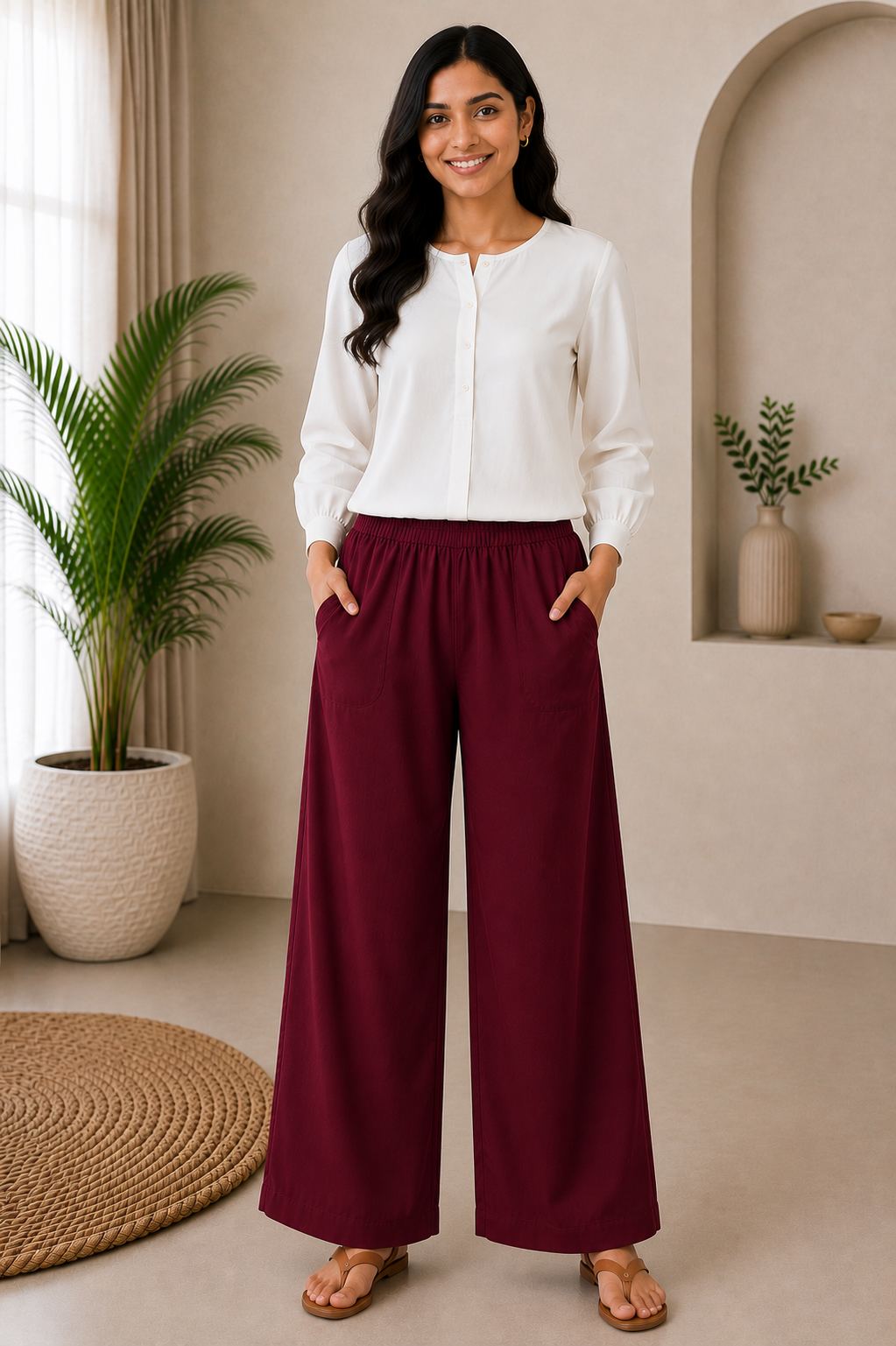 Maroon Solid Wide-Leg Palazzo with Pockets