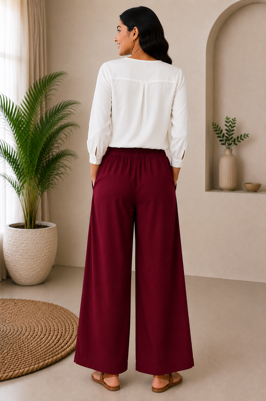 Maroon Solid Wide-Leg Palazzo with Pockets