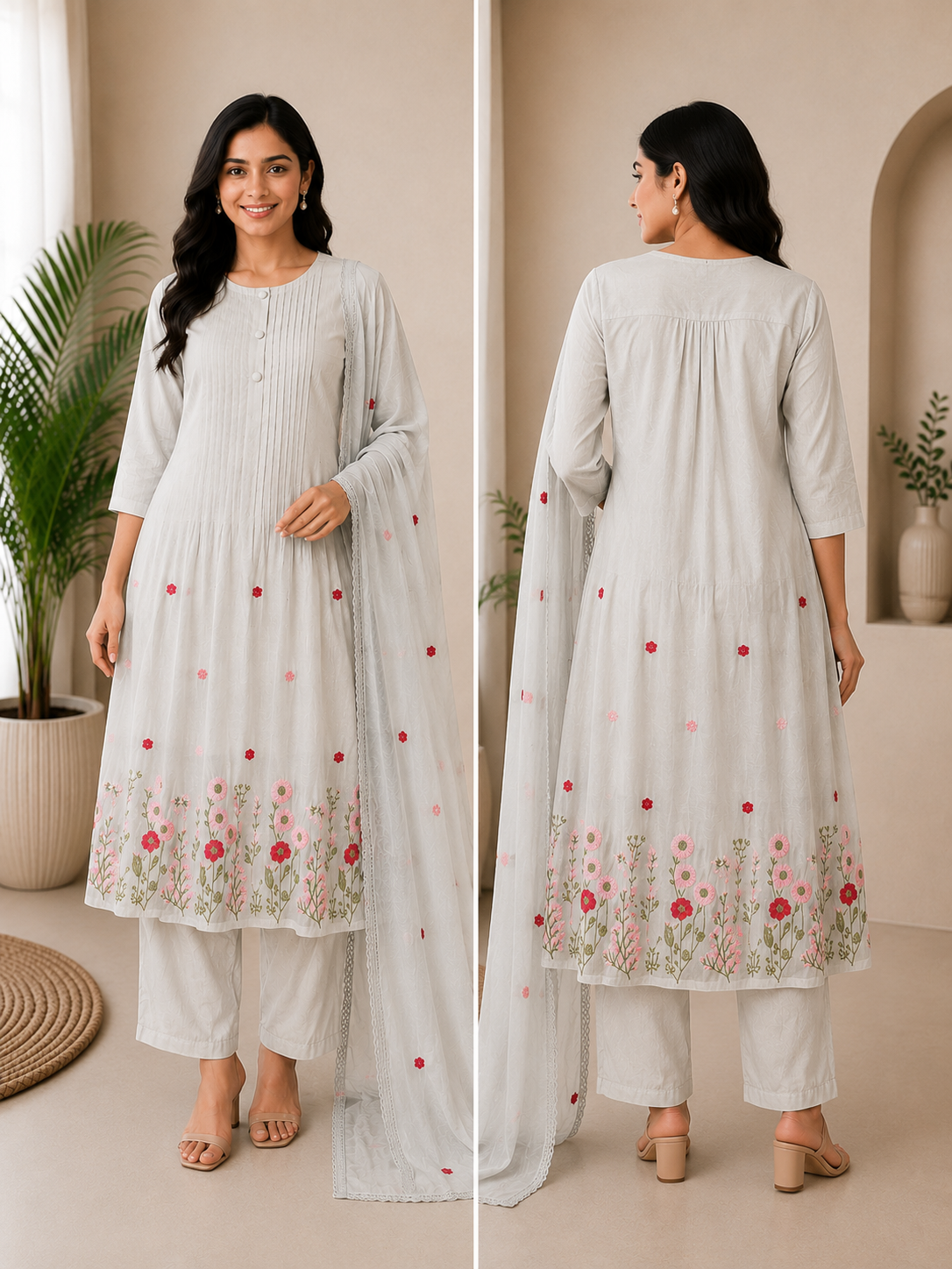 Elegant Off-White Pleated and Embroidered 3-Piece Rayon Kurti Set