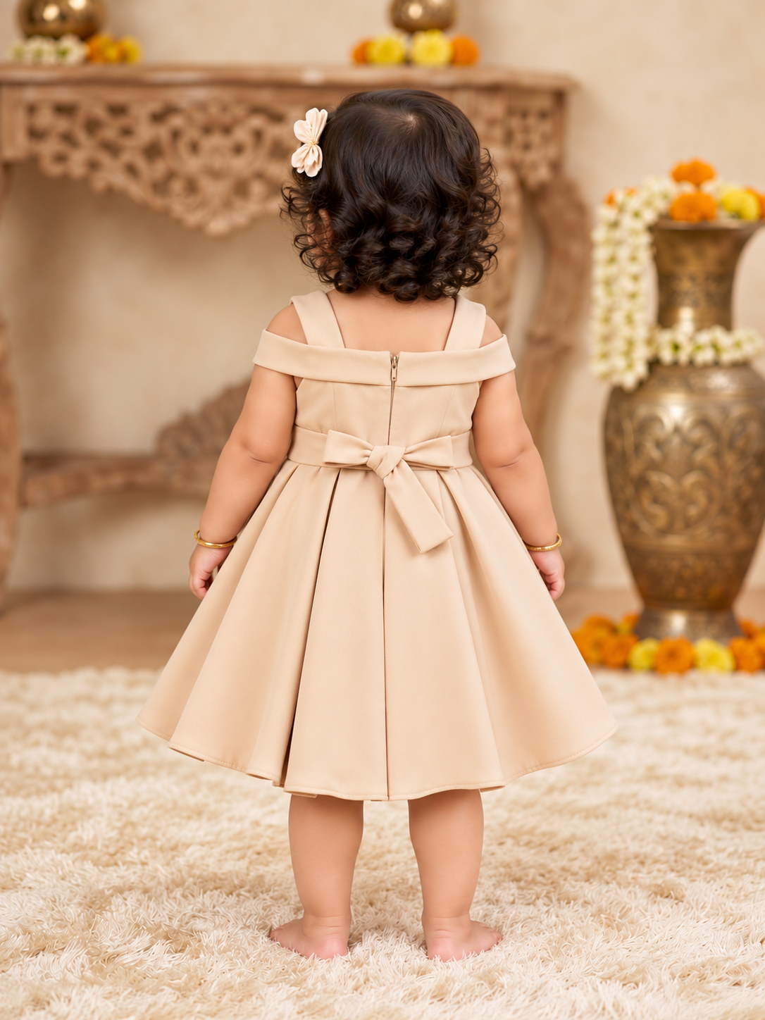 Girls Dark Beige Red Rose Applique Sleeveless Party Frock