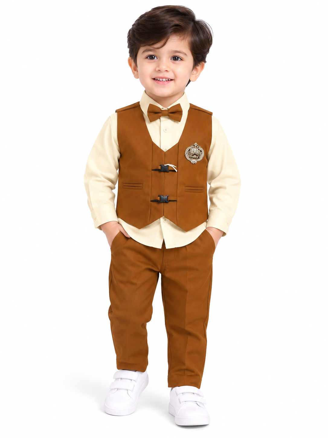 Boys Light Beige Printed Blazer Shirt & Pant Party Wear Set