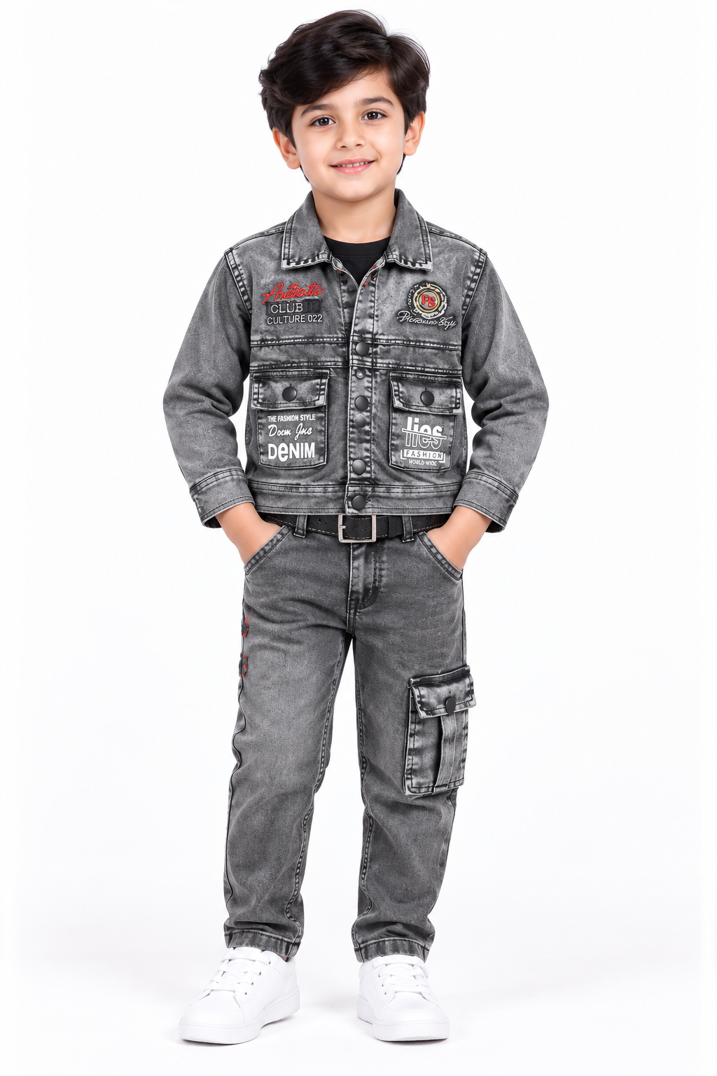 Boys Grey Denim Jacket and Grey Elastic Waist Pant Set