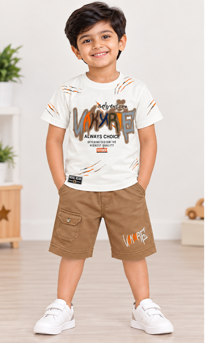 Boys White Printed T-Shirt & Brown Short Set