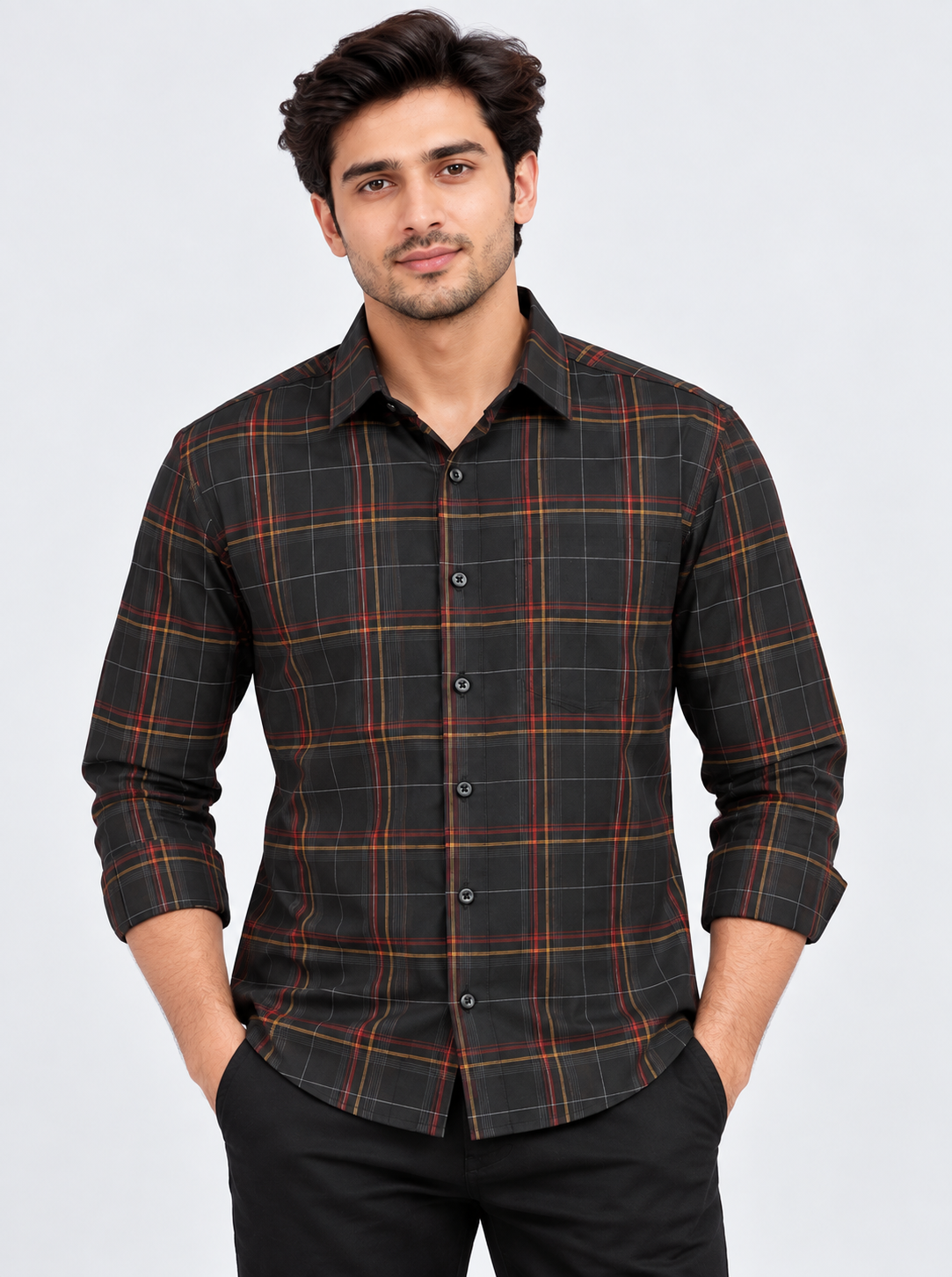 Men’s Black Multicolour Checked Full Sleeve Shirt