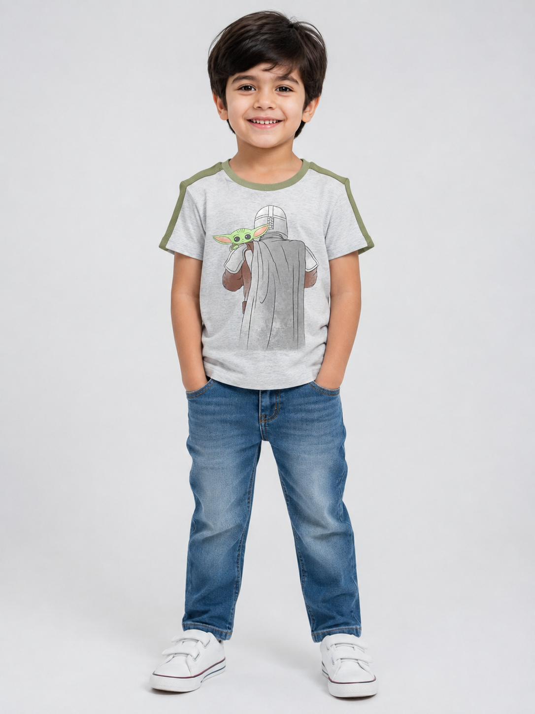 Kids Light Grey Printed Round Neck Half Sleeve T-Shirt
