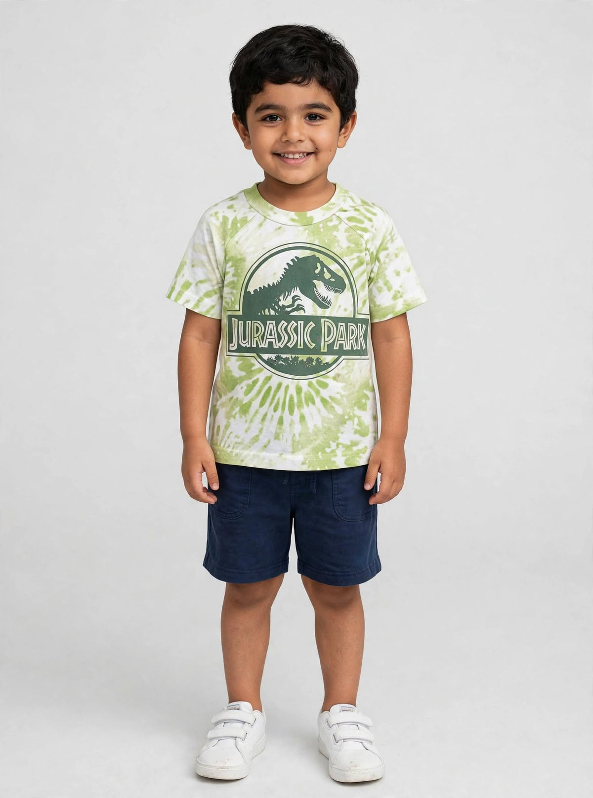 Kids Light Olive Green & White Tie-Dye Dinosaur Graphic Printed Round Neck T-Shirt