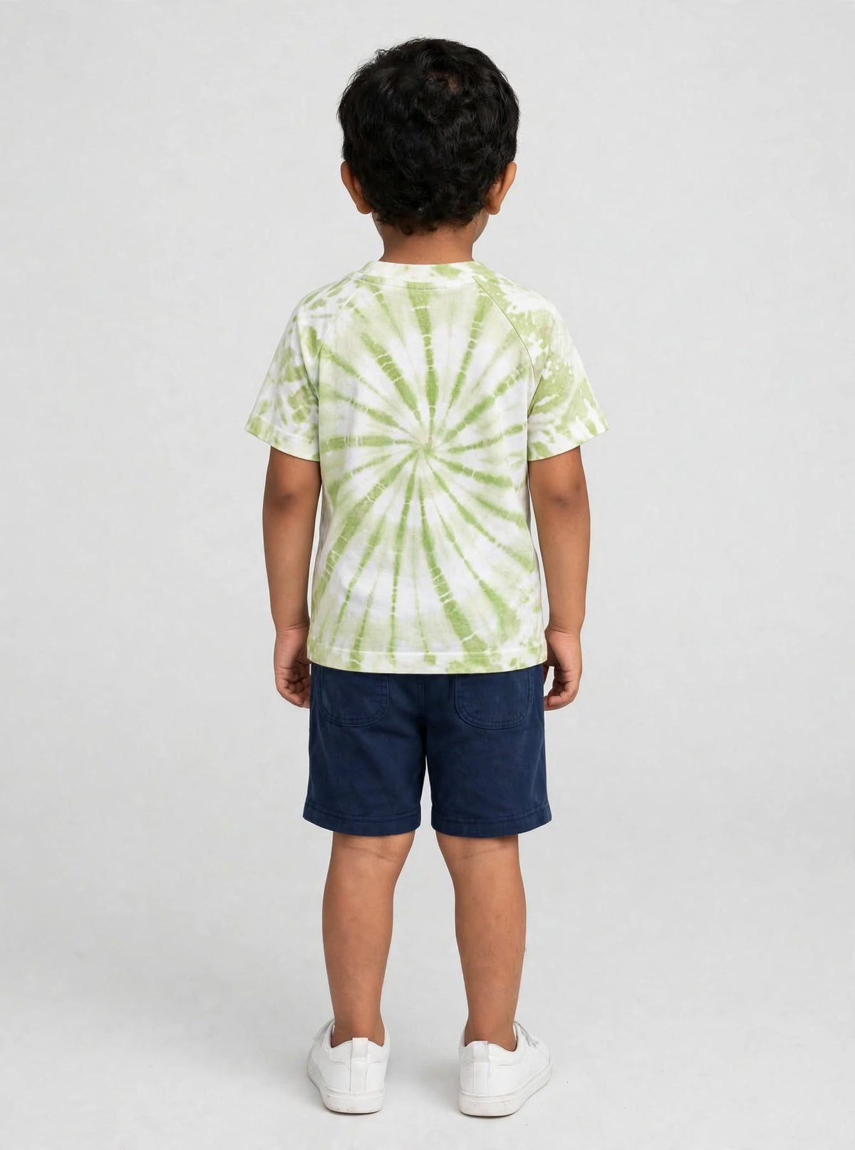 Kids Light Olive Green & White Tie-Dye Dinosaur Graphic Printed Round Neck T-Shirt