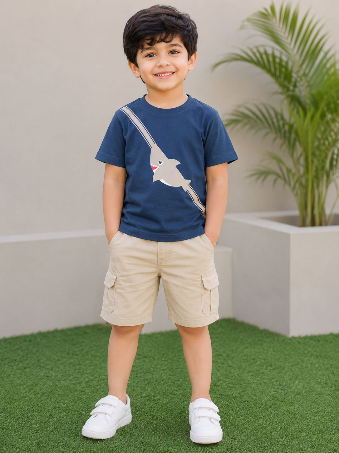 Kids Navy Blue Shark Graphic Printed Round Neck Half Sleeve T-Shirt