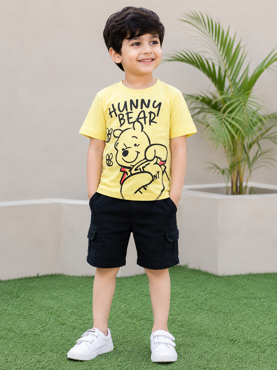 Kids Light Yellow Cartoon Bear Graphic Printed Round Neck Half Sleeve T-Shirt