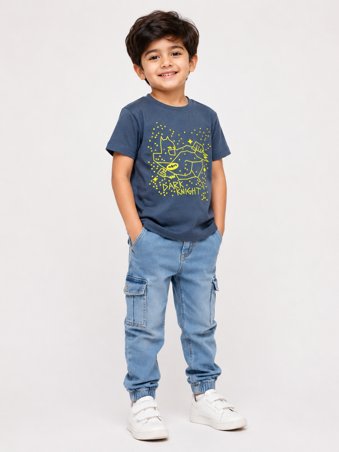 Kids Dark Navy Blue Superhero Graphic Printed Round Neck Half Sleeve T-Shirt