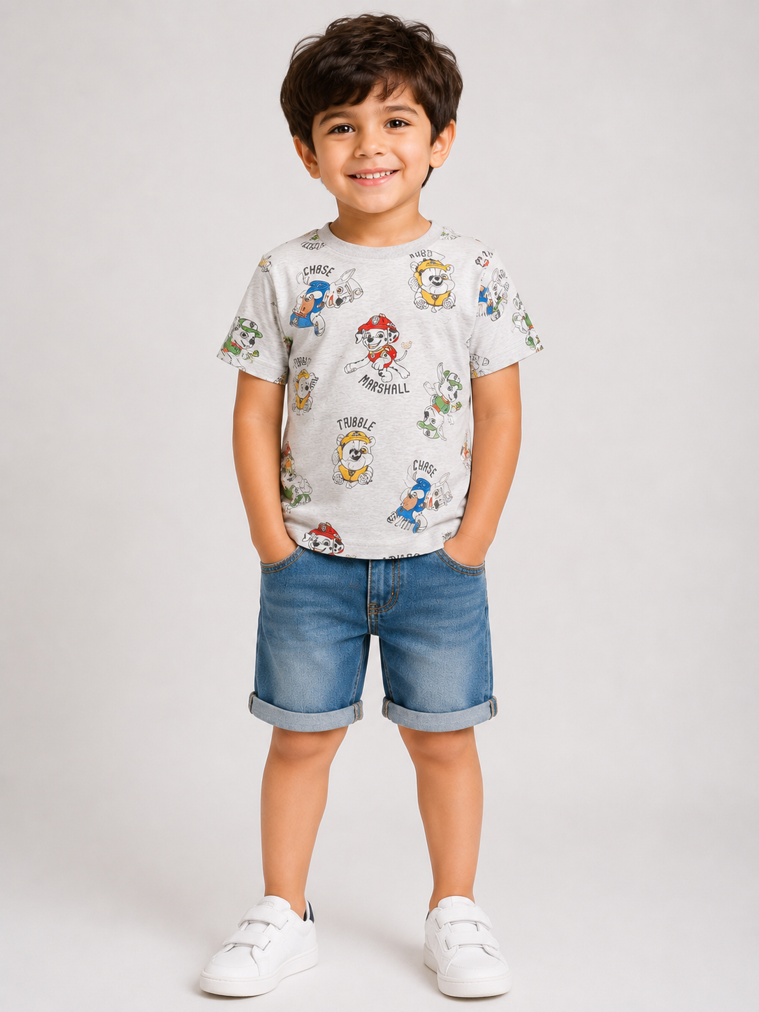 Kids Light Grey All-Over Superhero Character Printed Round Neck Half Sleeve T-Shirt