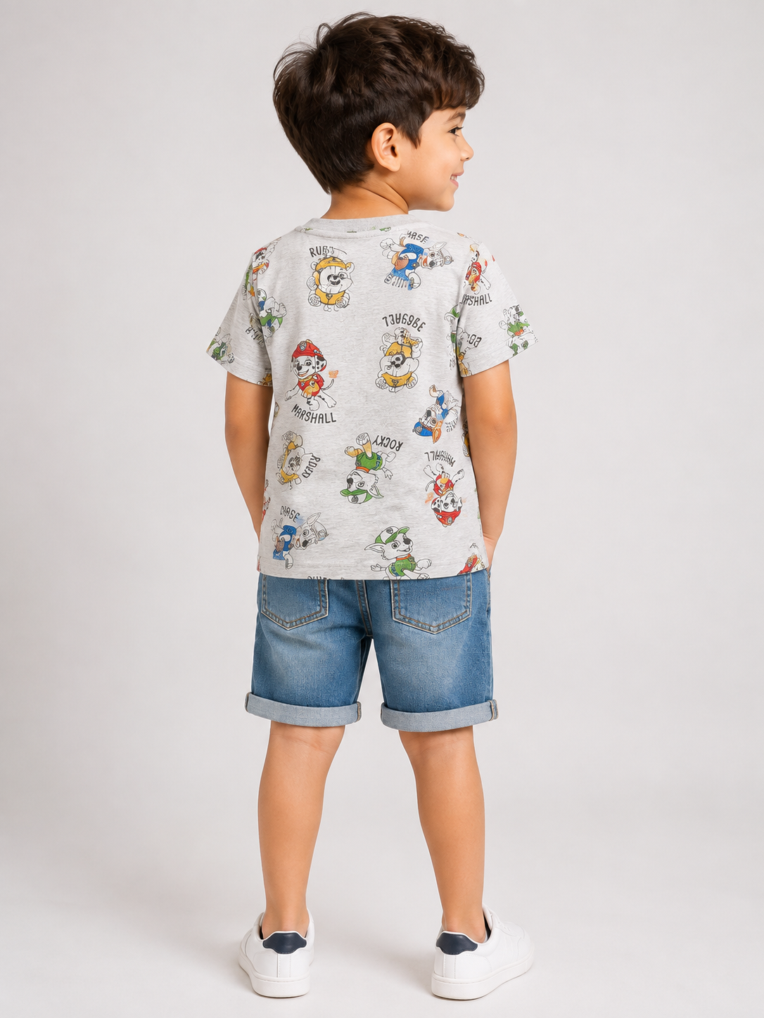 Kids Light Grey All-Over Superhero Character Printed Round Neck Half Sleeve T-Shirt