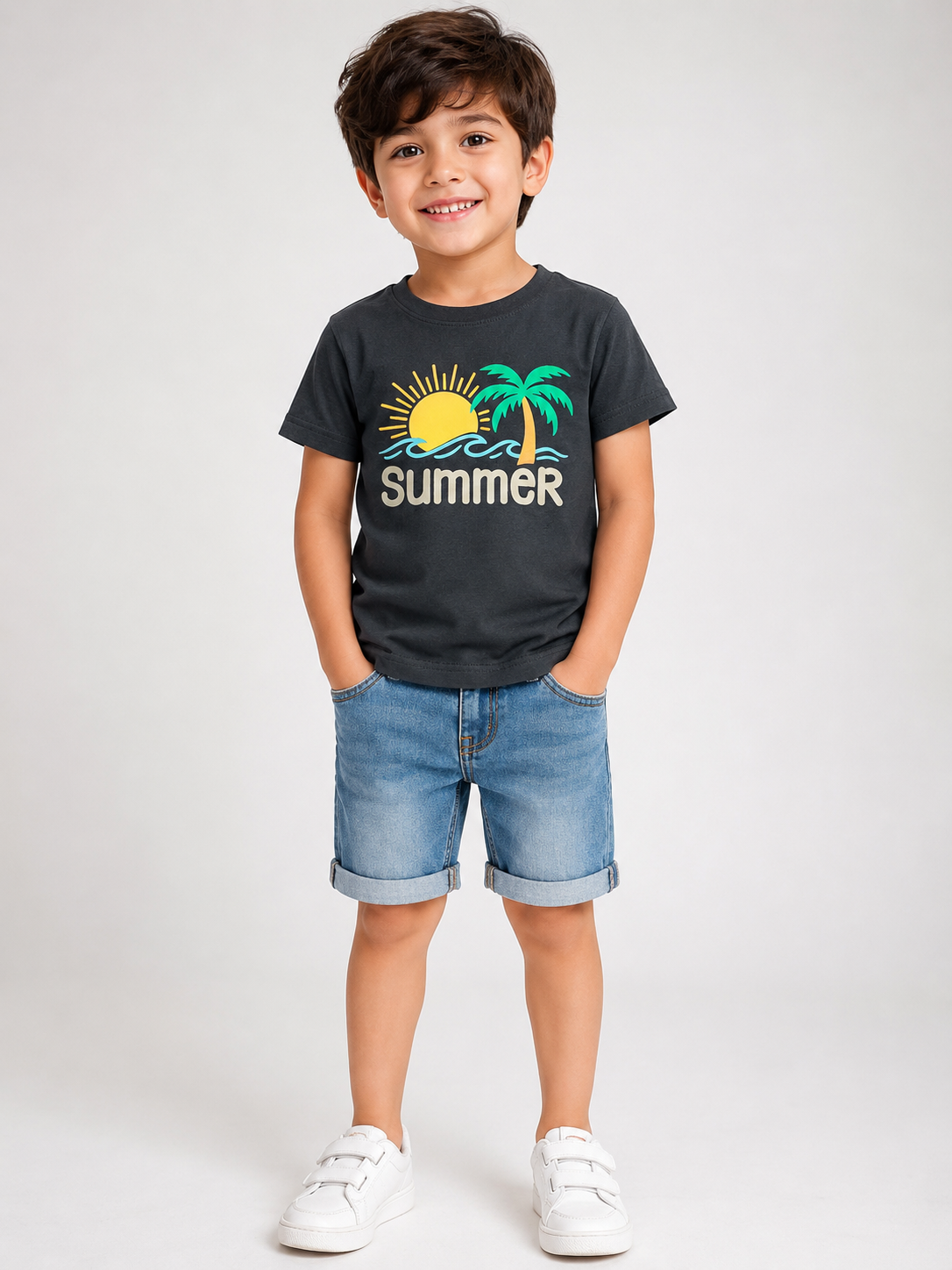 Kids Dark Navy Blue Summer Beach Graphic Printed Round Neck Half Sleeve T-Shirt