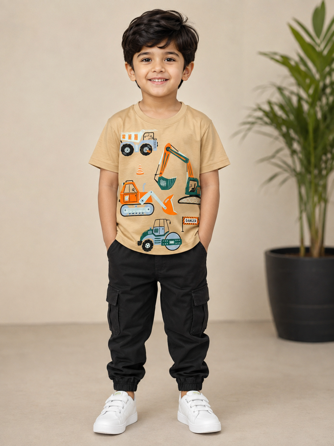 Kids Beige Construction Vehicles Graphic Printed Round Neck Half Sleeve T-Shirt
