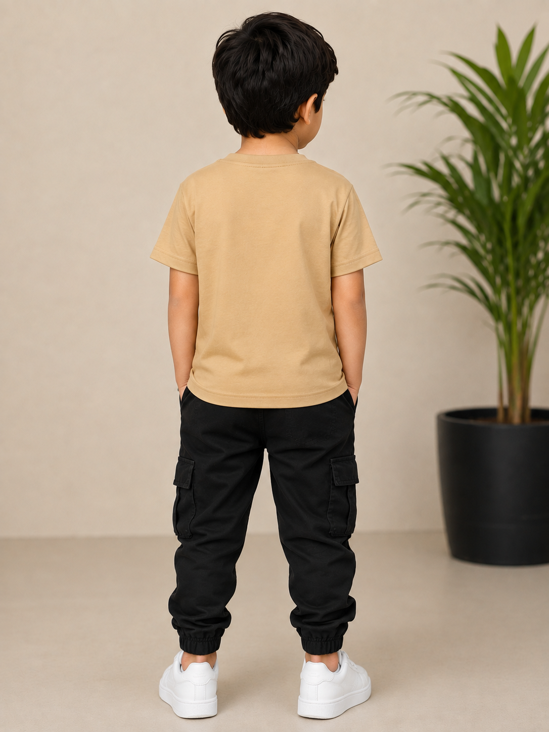 Kids Beige Construction Vehicles Graphic Printed Round Neck Half Sleeve T-Shirt