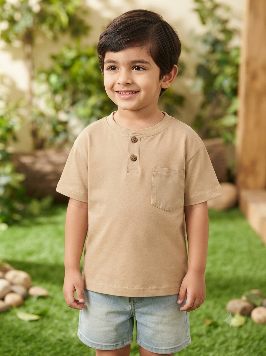 Kids Beige Solid Henley Neck T-Shirt with Chest Pocket