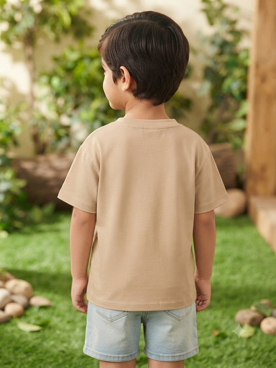 Kids Beige Solid Henley Neck T-Shirt with Chest Pocket