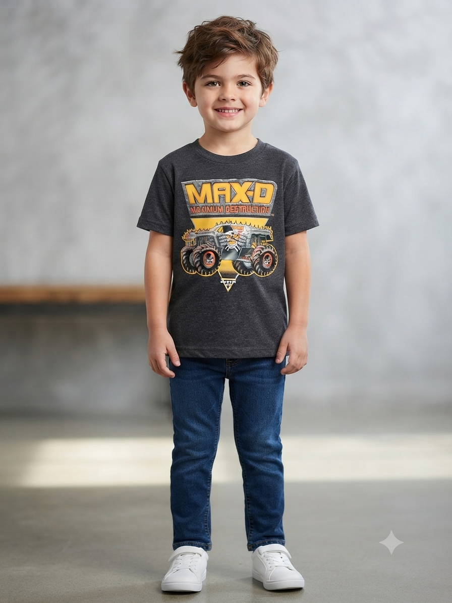 Kids Charcoal Grey Monster Truck Graphic Printed Round Neck T-Shirt