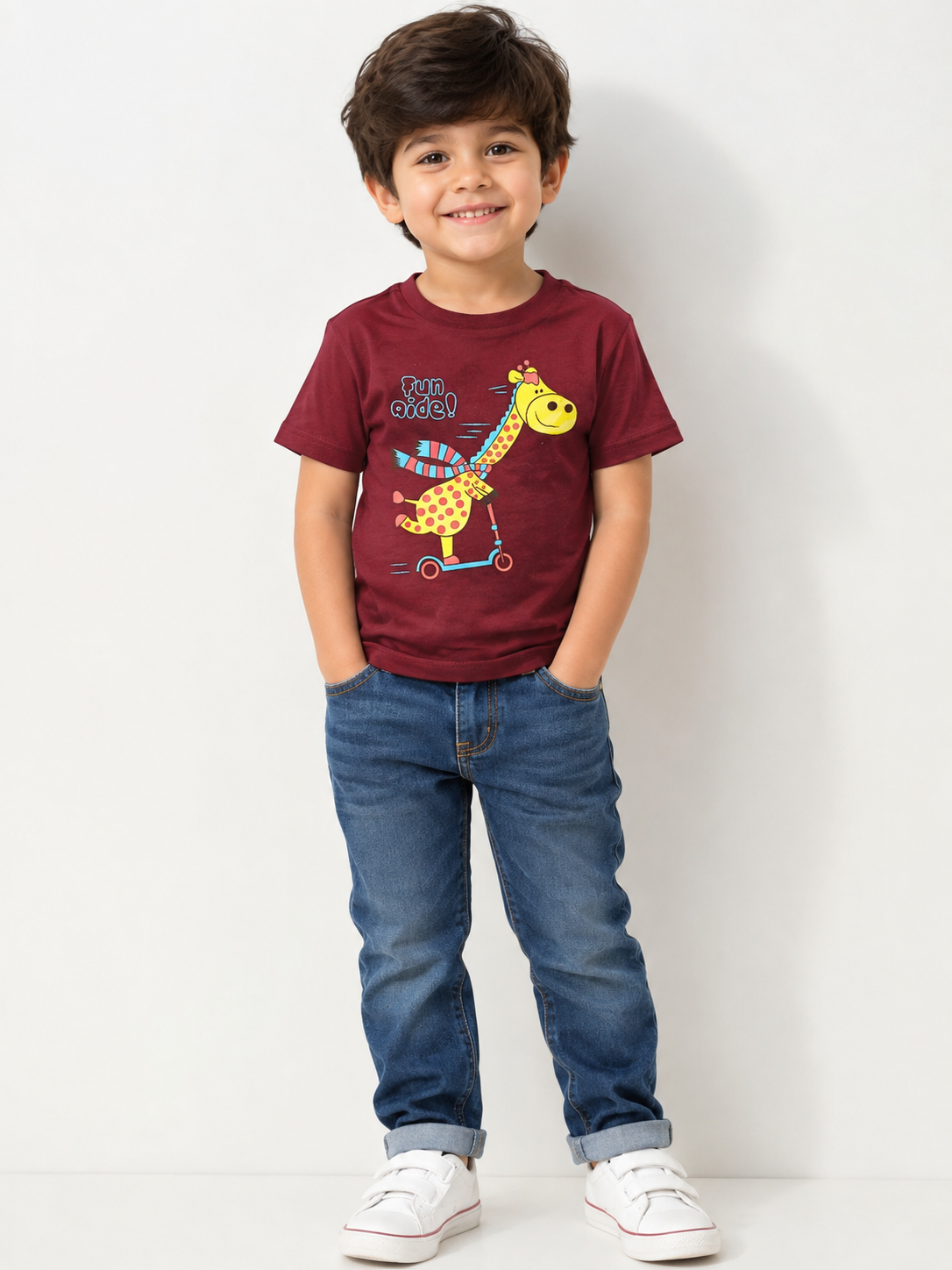 Kids Maroon Fun Ride Giraffe Graphic Printed Round Neck T-Shirt