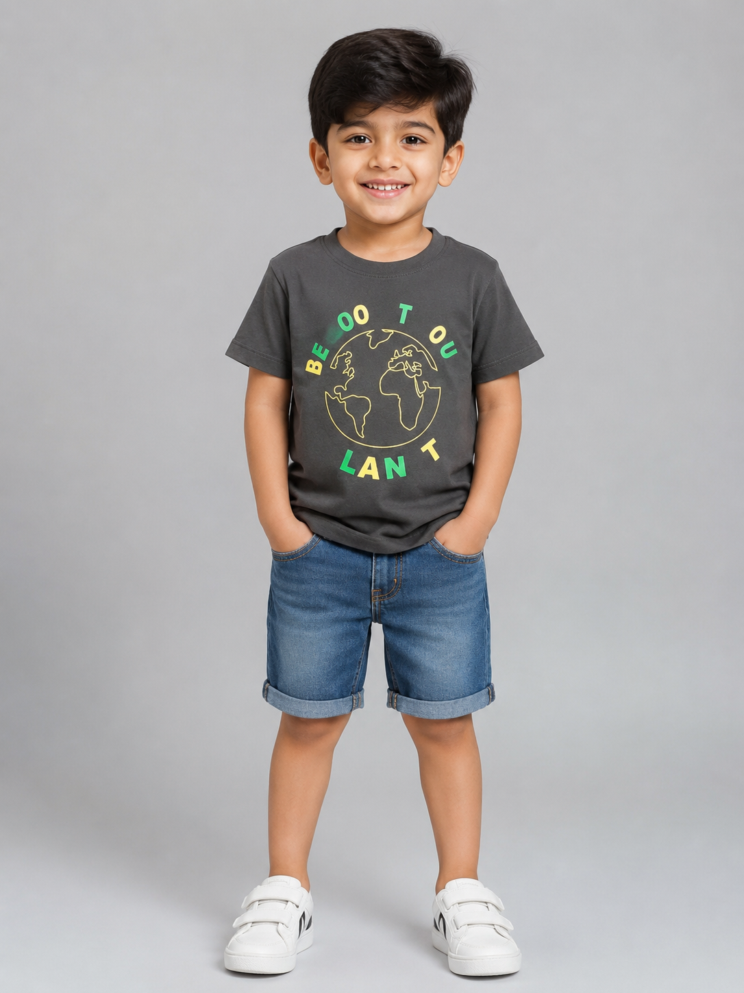 Kids Dark Olive Green Be Outland World Graphic Printed Round Neck T-Shirt