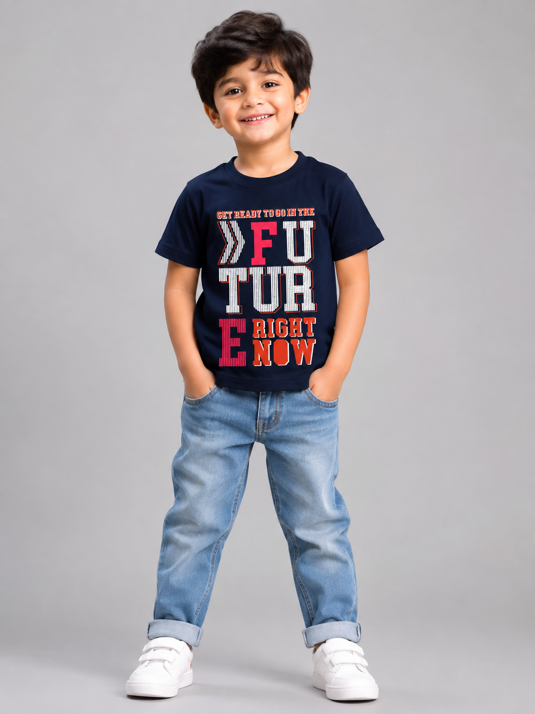 Kids Dark Navy Blue Graphic Printed Round Neck Cotton T-Shirt