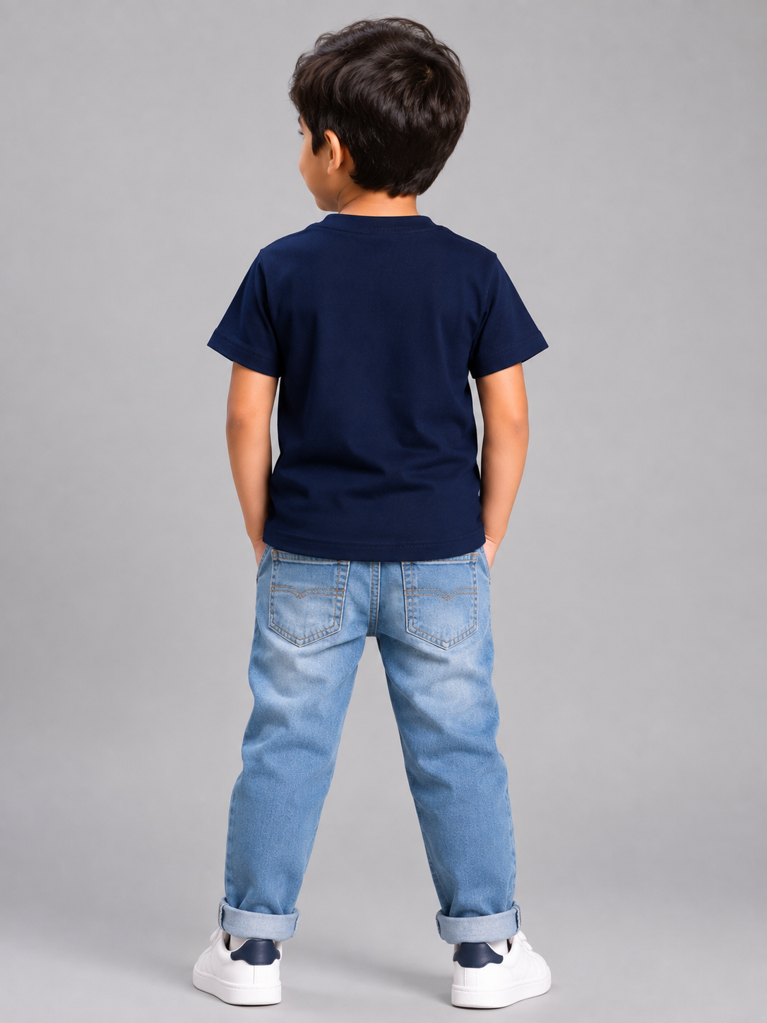Kids Dark Navy Blue Graphic Printed Round Neck Cotton T-Shirt