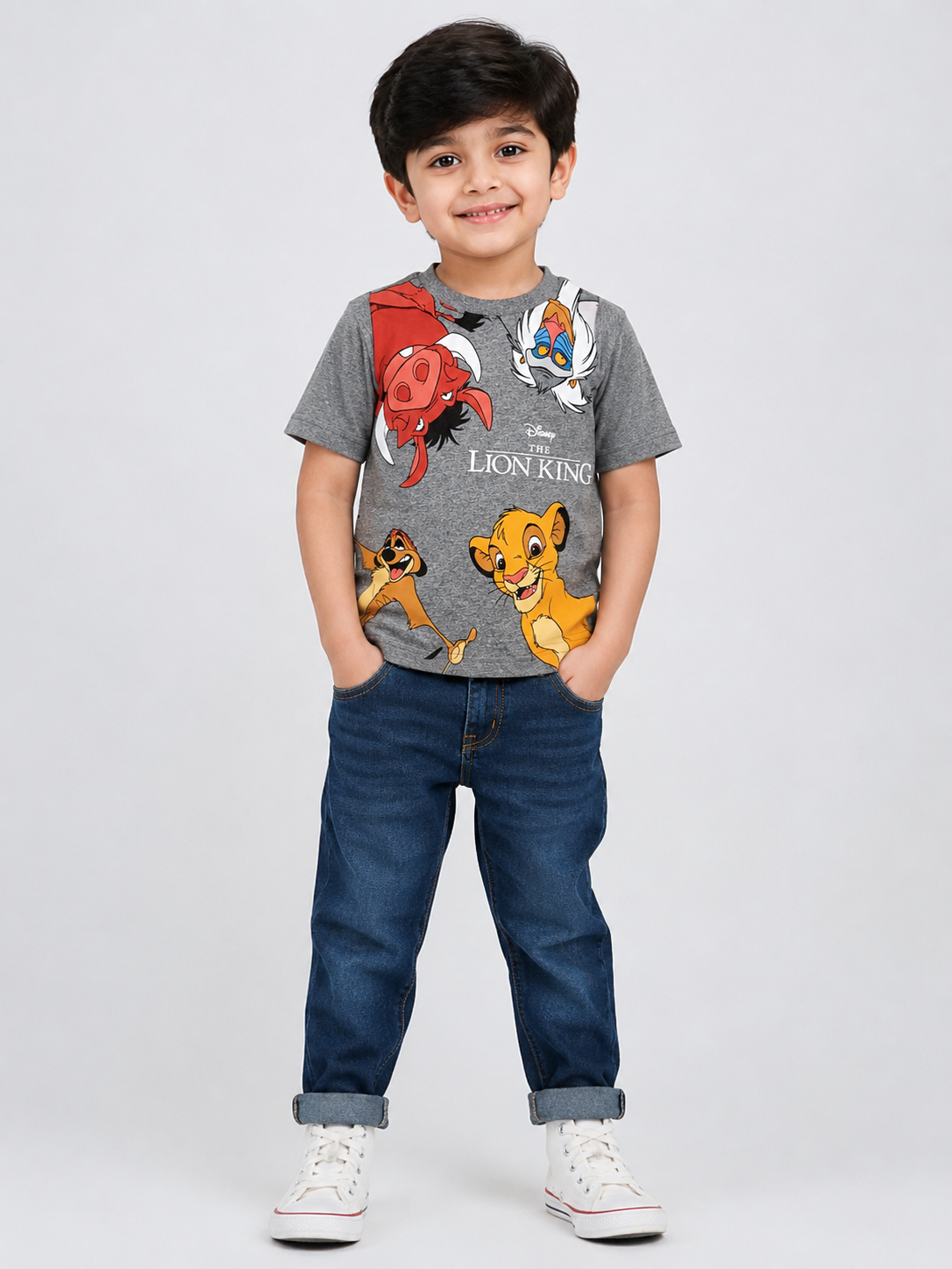Kids Dark Grey Lion King Character Graphic Printed Round Neck T-Shirt